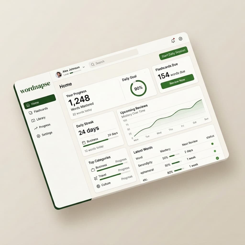 Wordnapse application interface showing spaced repetition statistics